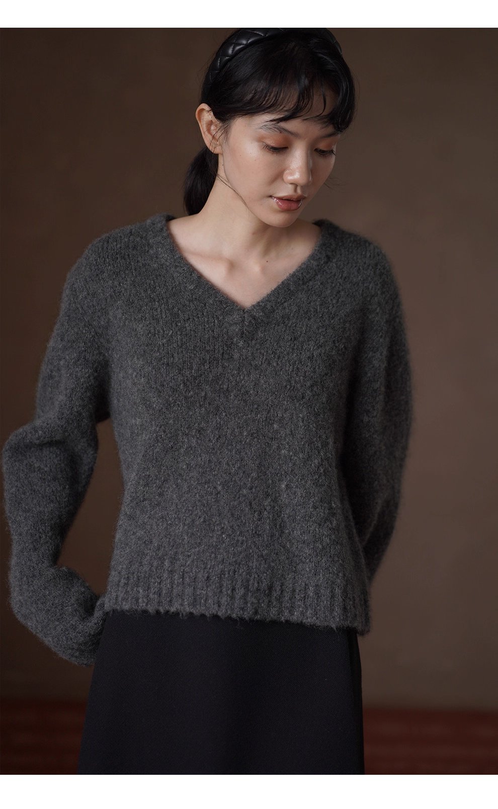 溫柔蓬鬆雜花灰毛衣馬海毛綿羊毛混紡寬鬆V領落肩上衣女