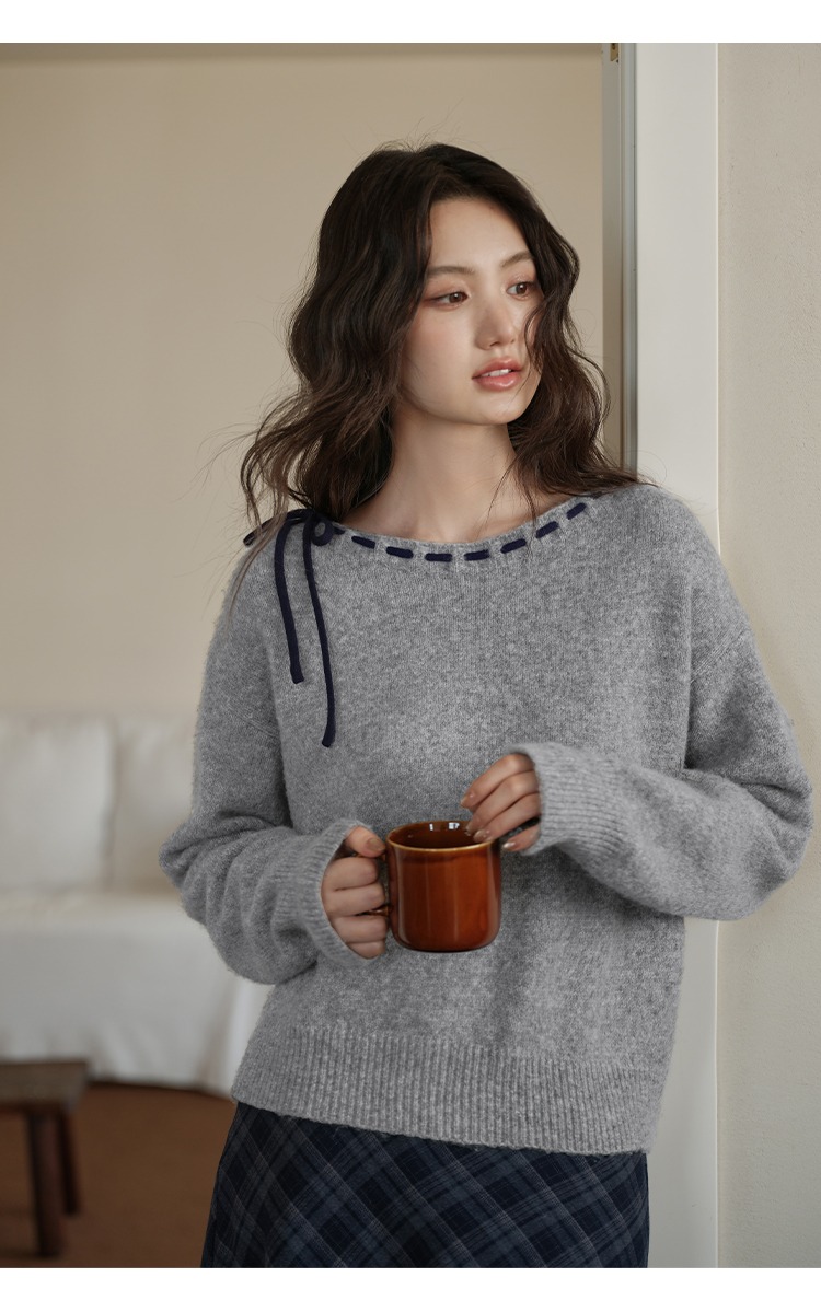 大尺碼繫帶毛衣女秋冬慵懶風格針織衫