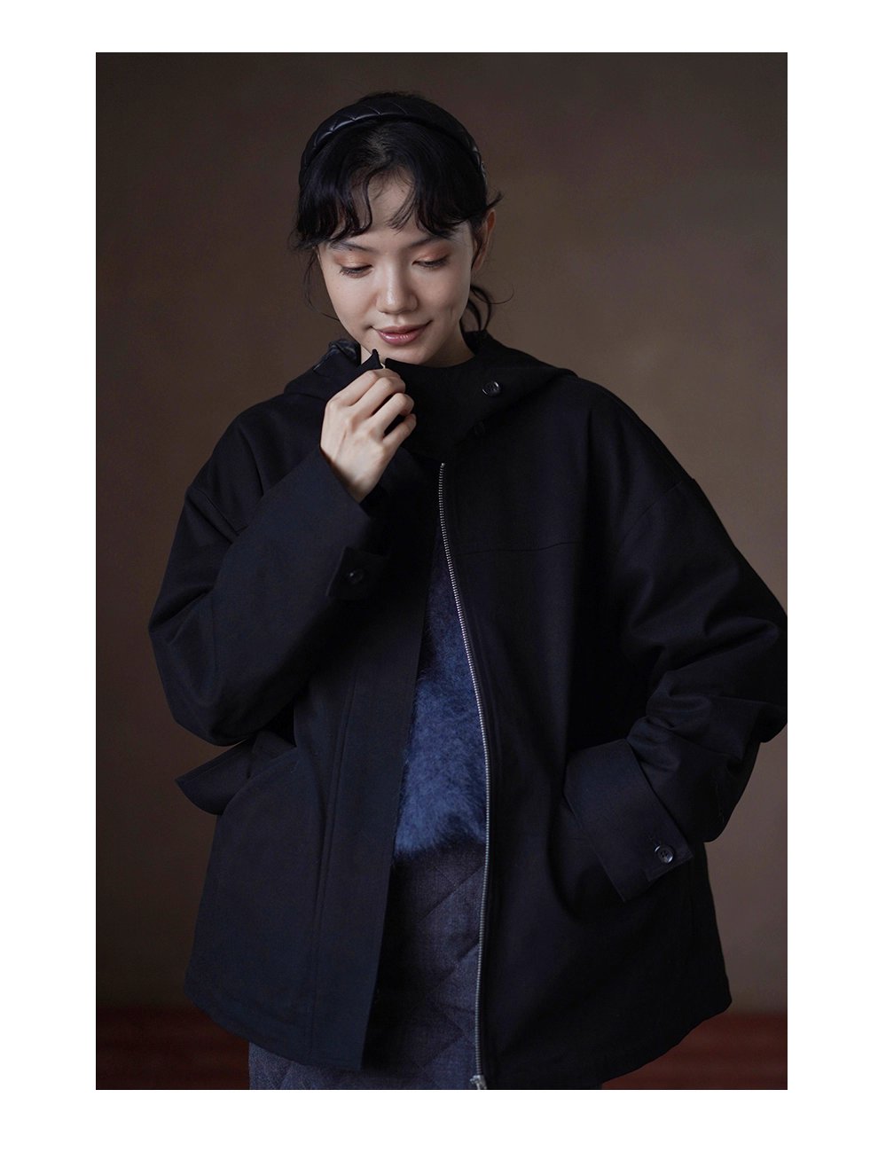 英倫學院撞色格紋連帽搖粒絨內裡加厚一手長夾克外套女