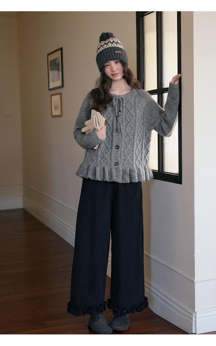 菱格毛衣開襟上衣外套冬季針織衫,菱格毛衣開襟上衣外套冬季針織衫,HBEW1952,菱格毛衣開襟上衣外套冬季針織衫,荷葉滾邊,菱格紋路