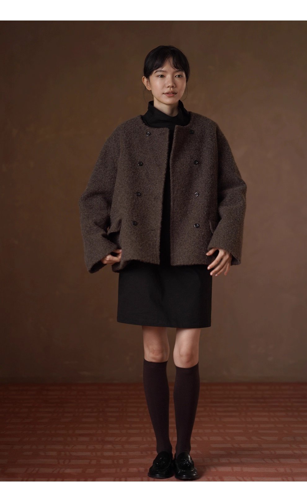 秋冬新款弗里達學院可調式紐扣高領寬鬆100棉連身裙女