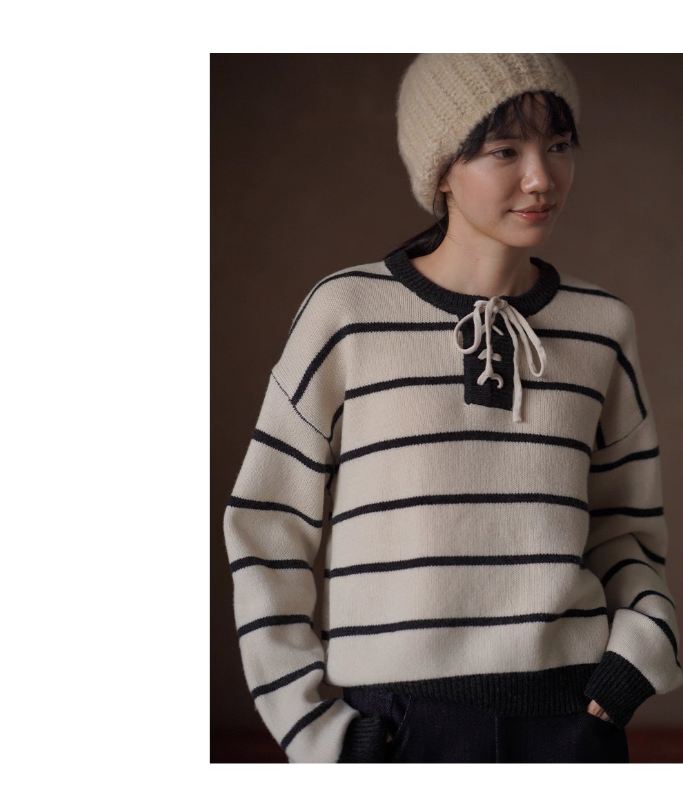 復古水手條紋上衣軟糯100羊毛綁帶門襟設計寬鬆顯瘦毛衣