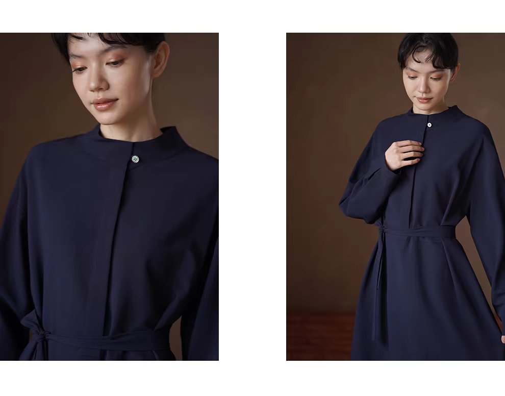 通勤氛圍垂順不易皺立領半開襟設計寬鬆直筒長洋裝,通勤氛圍垂順不易皺立領半開襟設計寬鬆直筒長洋裝,HBEW7058,通勤氛圍垂順不易皺立領半開襟設計寬鬆直筒長洋裝,立領單扣,腰間綁帶