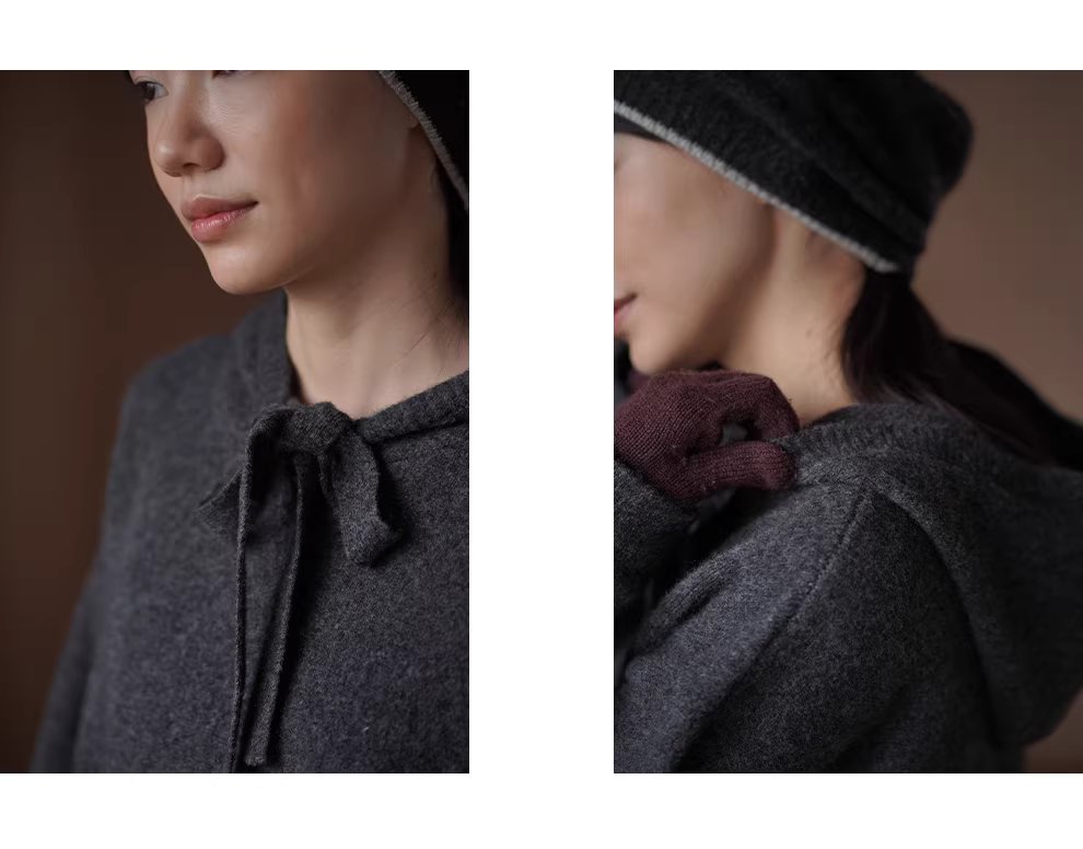 柔軟蓬鬆水洗拉毛工藝羊毛混紡連帽寬鬆顯瘦針織洋裝