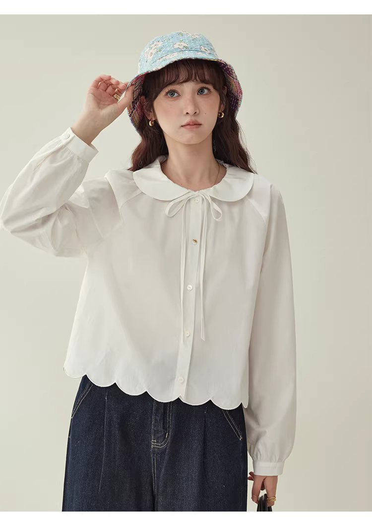 少女感蕾絲娃娃領襯衫女25冬季新款白色長袖上衣,HBEW1142,少女感蕾絲娃娃領襯衫女25冬季新款白色長袖上衣,娃娃領,花瓣衣襬,細節滿分