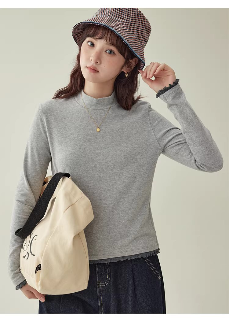 拼接螺紋邊半高領厚T恤女冬季新款灰色內搭上衣,拼接螺紋邊半高領厚T恤女冬季新款灰色內搭上衣,HBEW1143,拼接螺紋邊半高領厚T恤女冬季新款灰色內搭上衣,半高領,舒適面料