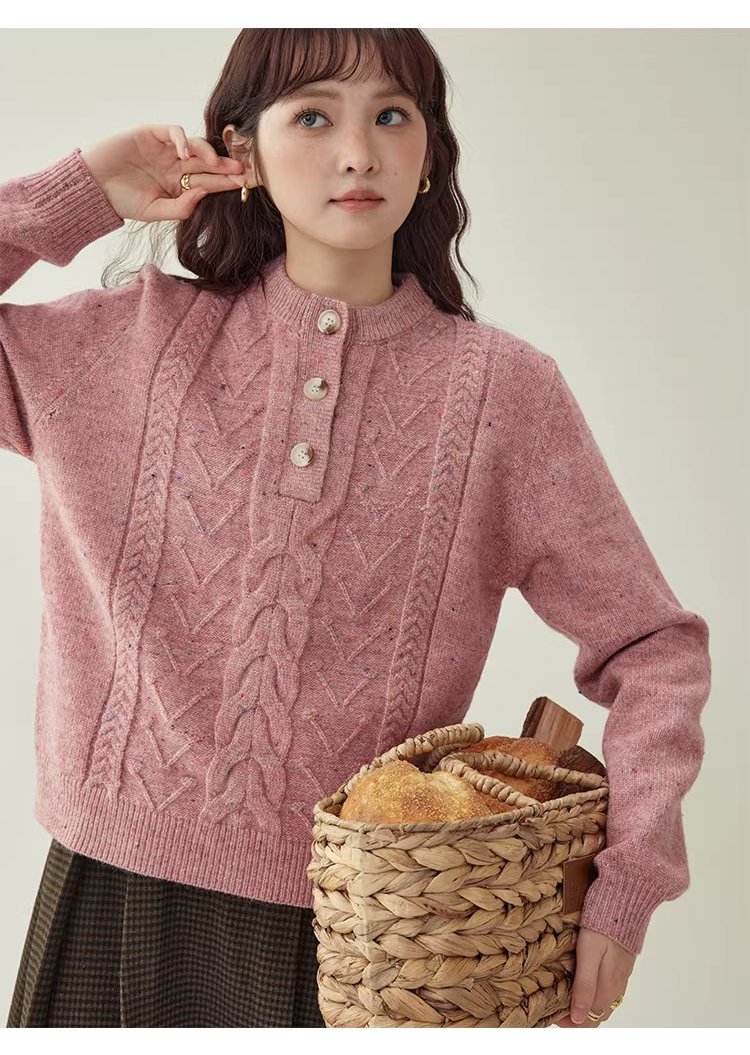 半開領麻花羊毛毛衣女冬季新款甜美彩點長袖上衣,半開領麻花羊毛毛衣女冬季新款甜美彩點長袖上衣,HBEW5106,半開領麻花羊毛毛衣女冬季新款甜美彩點長袖上衣,半開排扣,麻花針織