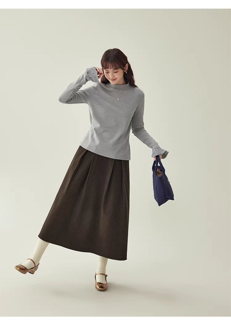 復古壓褶格紋高腰半身裙女25冬季新款a字中長裙,復古壓褶格紋高腰半身裙女25冬季新款a字中長裙,HBEW2031,復古壓褶格紋高腰半身裙女25冬季新款a字中長裙,復古格紋,高腰壓摺