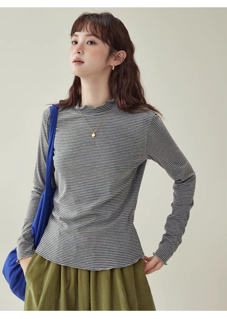 花邊半高領內搭T恤女冬季新款百搭條紋長袖上衣,花邊半高領內搭T恤女冬季新款百搭條紋長袖上衣,HBEW1153,花邊半高領內搭T恤女冬季新款百搭條紋長袖上衣,木耳邊,條紋造型