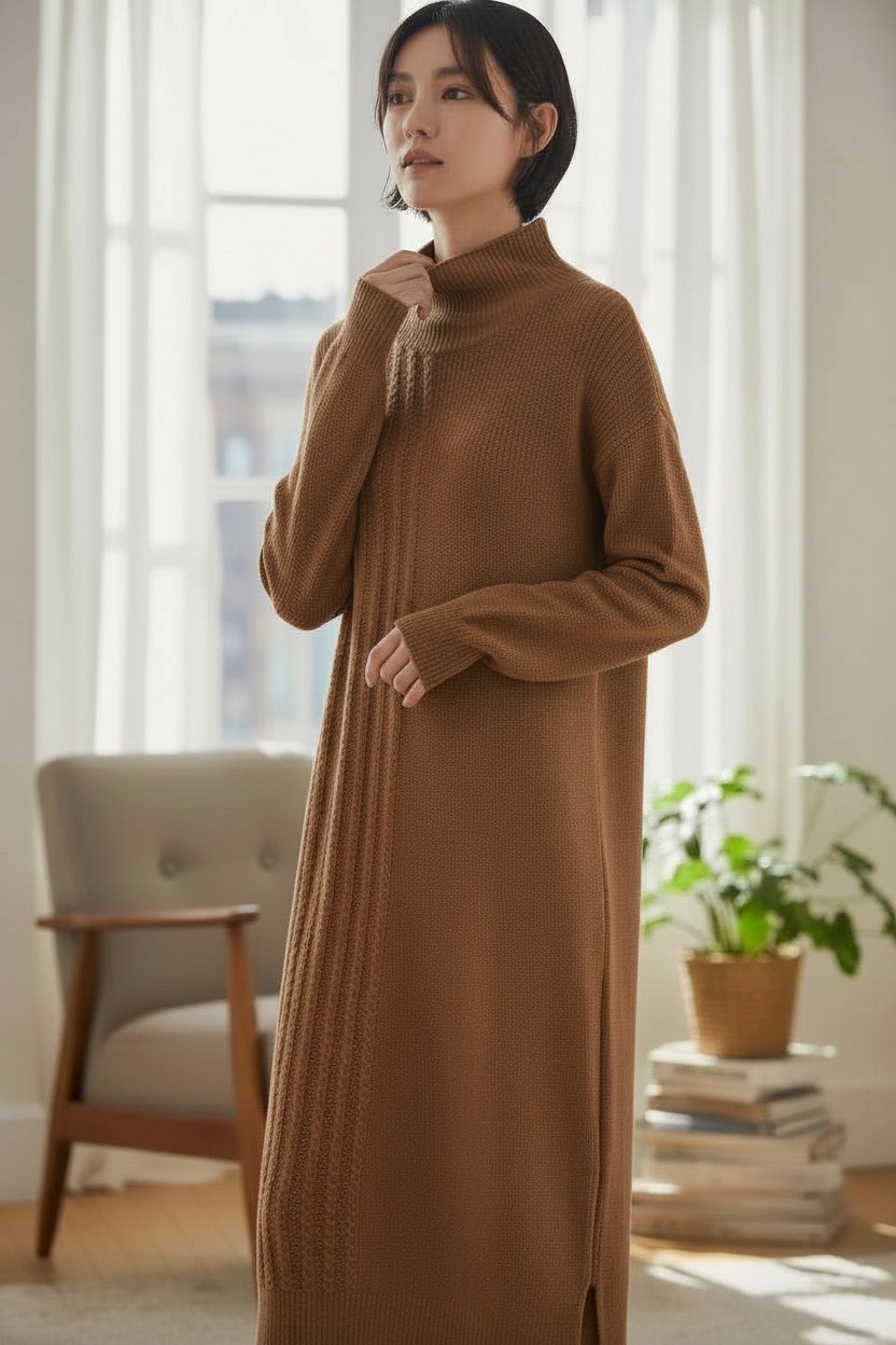 秋冬慵懶半高領長款寬鬆打底毛衣裙過膝針織連身裙,5W167007,秋冬慵懶半高領長款寬鬆打底毛衣裙過膝針織連身裙,修身版型,復古條紋,高領毛衣