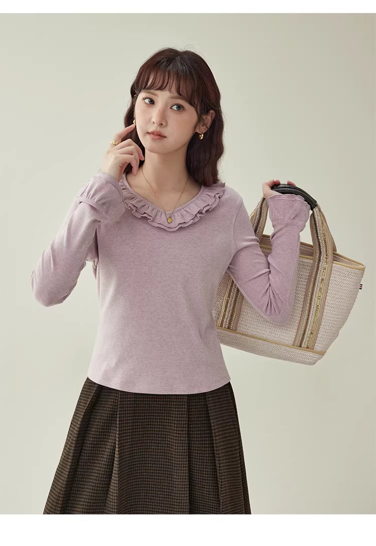 彩點荷葉邊v領厚T恤女冬季新款甜美打底長袖上衣,彩點荷葉邊v領厚T恤女冬季新款甜美打底長袖上衣,HBEW1186,彩點荷葉邊v領厚T恤女冬季新款甜美打底長袖上衣,荷葉邊領,彩點面料