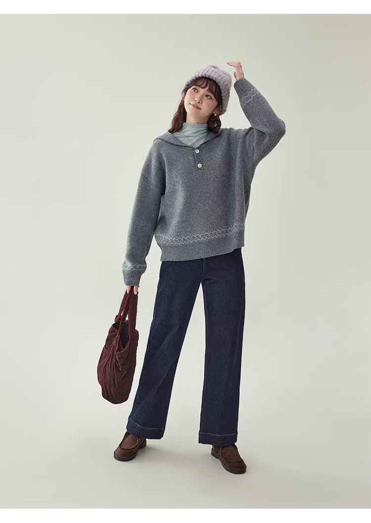 灰色提花海軍領毛衣女冬新款費爾島寬鬆長袖上衣,灰色提花海軍領毛衣女冬新款費爾島寬鬆長袖上衣,HBEW1191,灰色提花海軍領毛衣女冬新款費爾島寬鬆長袖上衣,海軍領,費爾島圖騰