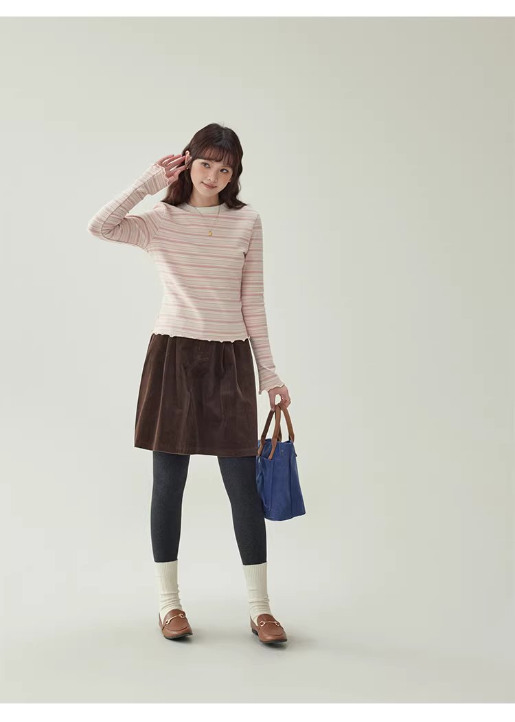 粉紅條紋花邊喇叭袖T恤女冬季新款修身內搭上衣,粉紅條紋花邊喇叭袖T恤女冬季新款修身內搭上衣,HBEW1195,粉紅條紋花邊喇叭袖T恤女冬季新款修身內搭上衣,橫紋設計,修身版型