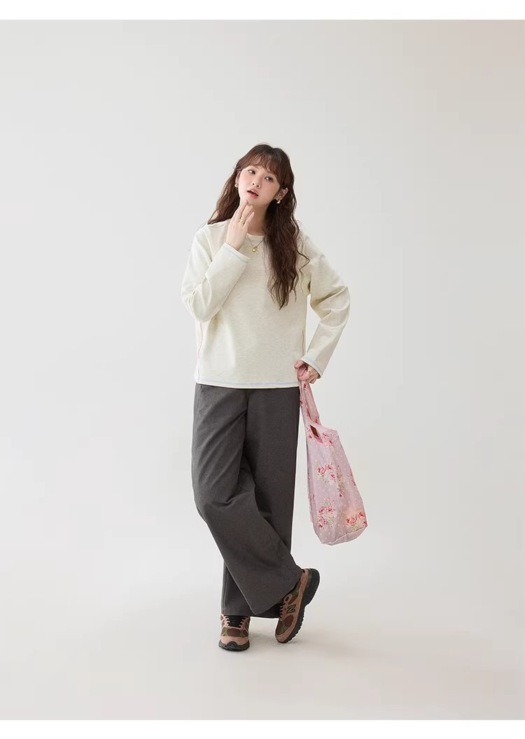 撞色反線長絨棉T恤女春季新款寬鬆插肩袖上衣,撞色反線長絨棉T恤女春季新款寬鬆插肩袖上衣,HBFS1009,撞色反線長絨棉T恤女春季新款寬鬆插肩袖上衣,撞色車線,花灰面料