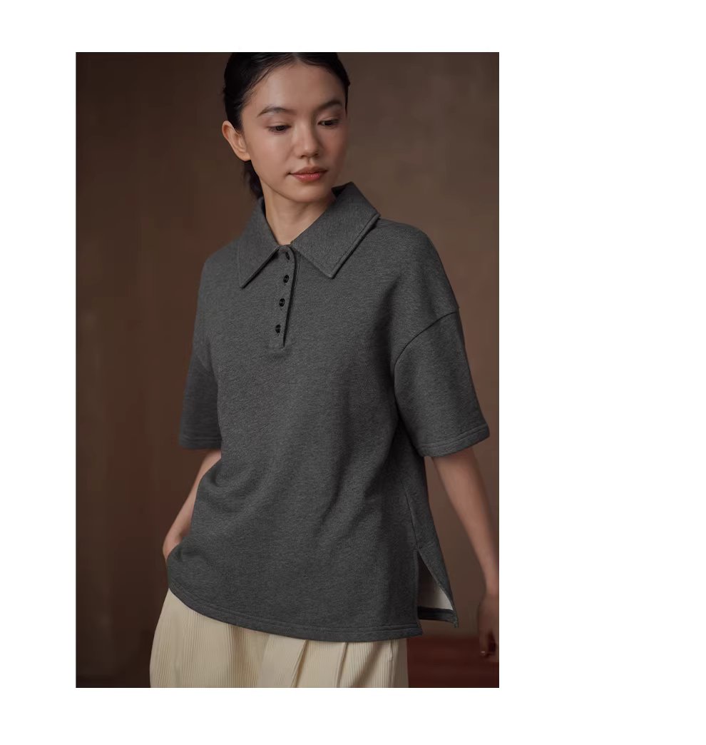 古經典休閒碰撞Polo領寬鬆顯瘦100棉花灰落肩短袖上衣,古經典休閒碰撞Polo領寬鬆顯瘦100棉花灰落肩短袖上衣,HBFS1013,古經典休閒碰撞Polo領寬鬆顯瘦100棉花灰落肩短袖上衣,親膚舒適,俐落隨性