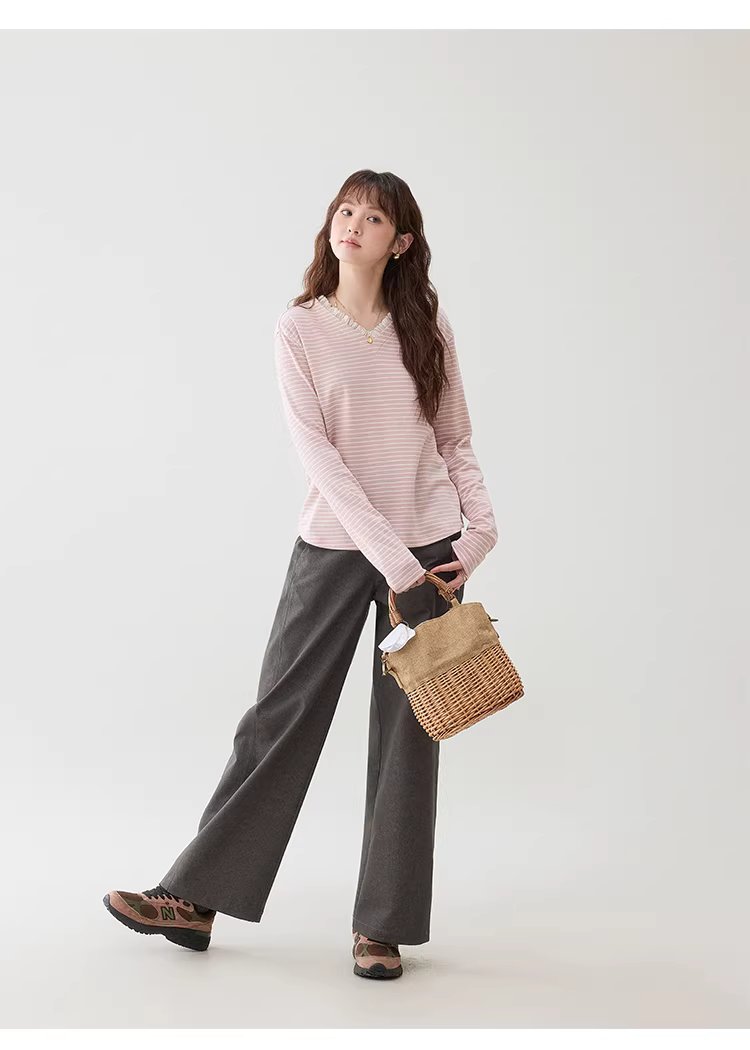 甜美粉紅條紋花邊v領T恤女春季新款寬鬆長袖上衣,甜美粉紅條紋花邊v領T恤女春季新款寬鬆長袖上衣,HBFS1028,甜美粉紅條紋花邊v領T恤女春季新款寬鬆長袖上衣,V領造型,蕾絲花邊