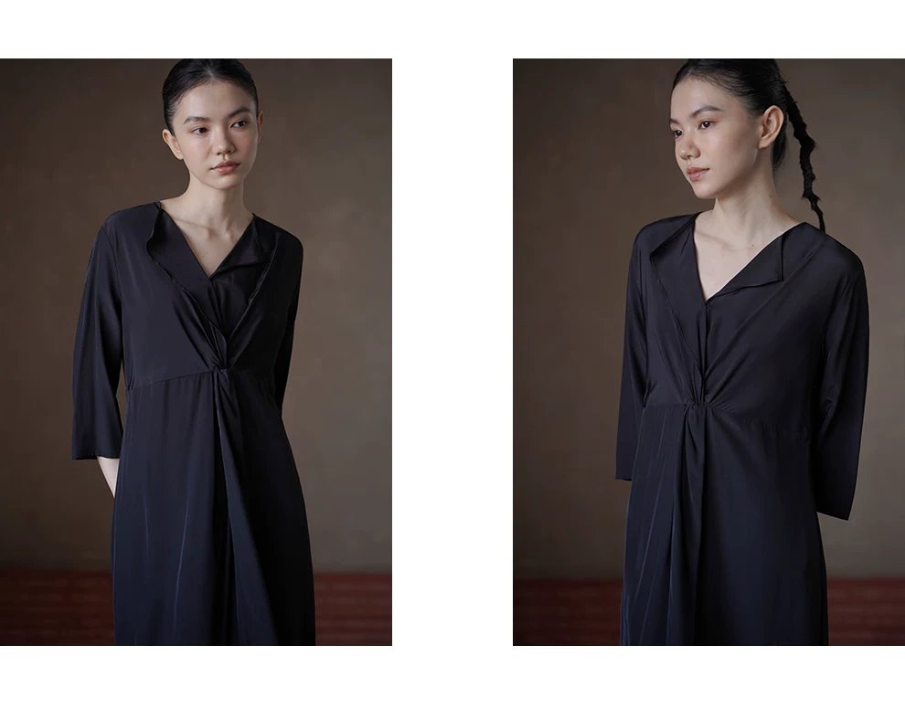 垂軟靈動藝術氛圍顯瘦遮肉扭結收腰V領長通勤洋裝,垂軟靈動藝術氛圍顯瘦遮肉扭結收腰V領長通勤洋裝,HBFS7011,垂軟靈動藝術氛圍顯瘦遮肉扭結收腰V領長通勤洋裝,面料啞光,簡約優雅