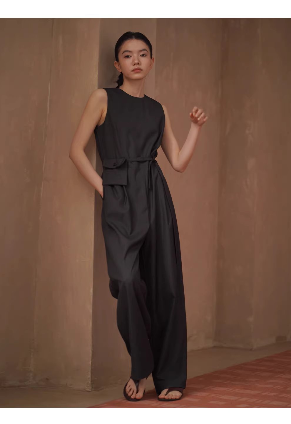 高級高智時髦無袖連身褲寬鬆顯瘦簡約立體口袋腰包長褲,高級高智時髦無袖連身褲寬鬆顯瘦簡約立體口袋腰包長褲,HBFS3012,高級高智時髦無袖連身褲寬鬆顯瘦簡約立體口袋腰包長褲,細膩啞光,調節腰帶