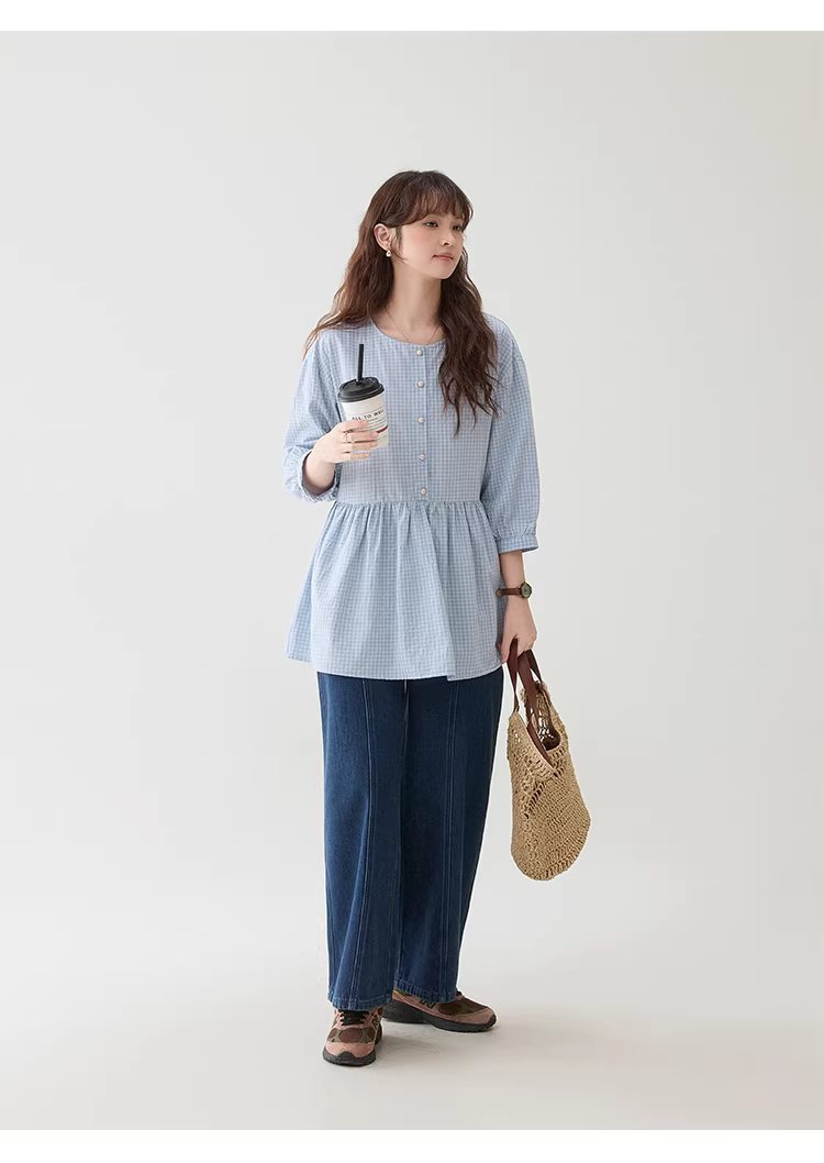 減齡八分袖純棉藍格襯衫女春新款寬鬆娃娃衫上衣,減齡八分袖純棉藍格襯衫女春新款寬鬆娃娃衫上衣,HBFS1039,減齡八分袖純棉藍格襯衫女春新款寬鬆娃娃衫上衣,清新格紋,全棉面料