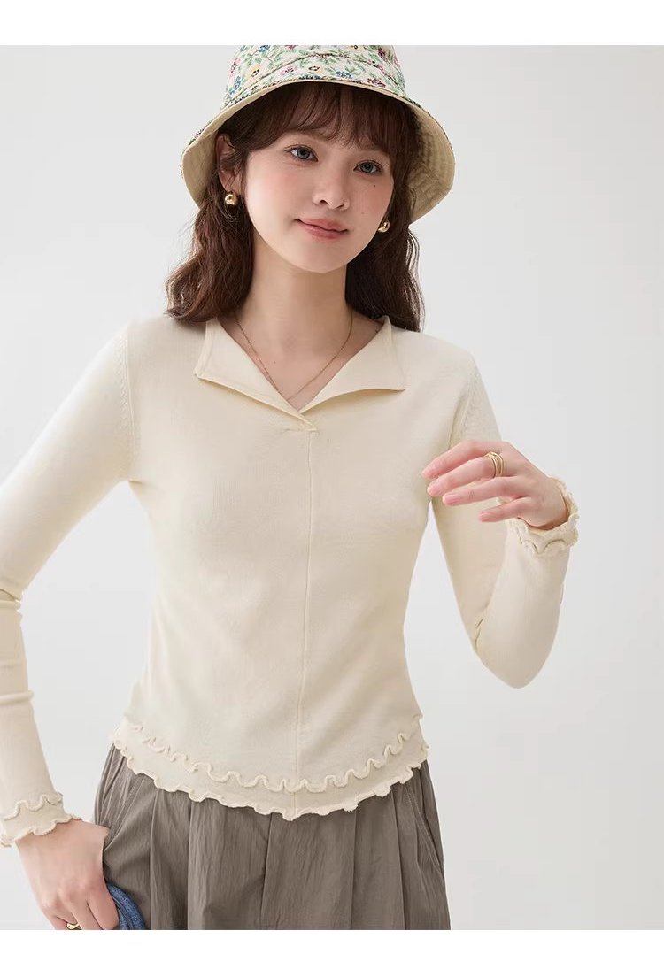 波浪邊弧擺翻v領針織衫女春季新款修身內搭上衣,波浪邊弧擺翻v領針織衫女春季新款修身內搭上衣,HBFS1048,波浪邊弧擺翻v領針織衫女春季新款修身內搭上衣,V型翻領,修身顯瘦