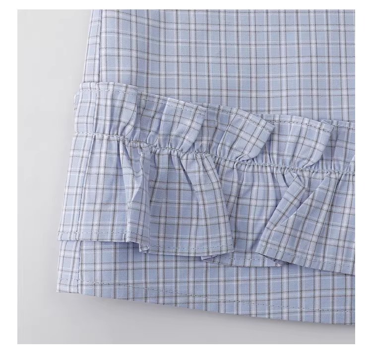 藍格荷葉邊娃娃領襯衫女春季新款純棉長袖短上衣,藍格荷葉邊娃娃領襯衫女春季新款純棉長袖短上衣,HBFS1049,藍格荷葉邊娃娃領襯衫女春季新款純棉長袖短上衣,荷葉衣襬,全棉面料