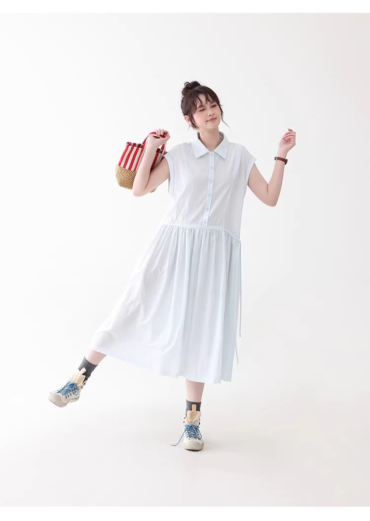 純色繫帶收腰大擺洋裝女26夏季新款polo領長裙,純色繫帶收腰大擺洋裝女26夏季新款polo領長裙,HBFS7017,純色繫帶收腰大擺洋裝女26夏季新款polo領長裙,襯衫洋裝,天絲混棉