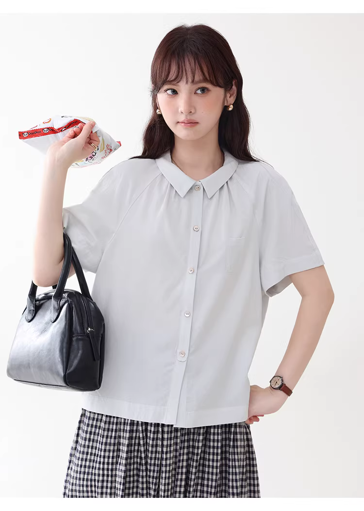 法式純色小翻領短袖襯衫女夏新款單排扣寬鬆上衣,法式純色小翻領短袖襯衫女夏新款單排扣寬鬆上衣,HBFS1086,法式純色小翻領短袖襯衫女夏新款單排扣寬鬆上衣,法式甜美,天絲100%