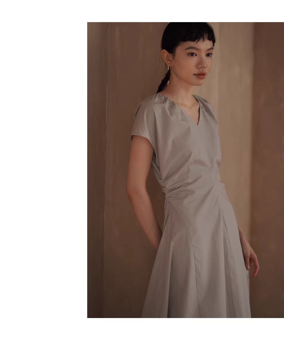 煙雨朦朧氣質洋裝V領捏褶收腰顯瘦立體分割洋裝女,煙雨朦朧氣質洋裝V領捏褶收腰顯瘦立體分割洋裝女,HBFS7038,煙雨朦朧氣質洋裝V領捏褶收腰顯瘦立體分割洋裝女,純棉親膚,高級慵懶