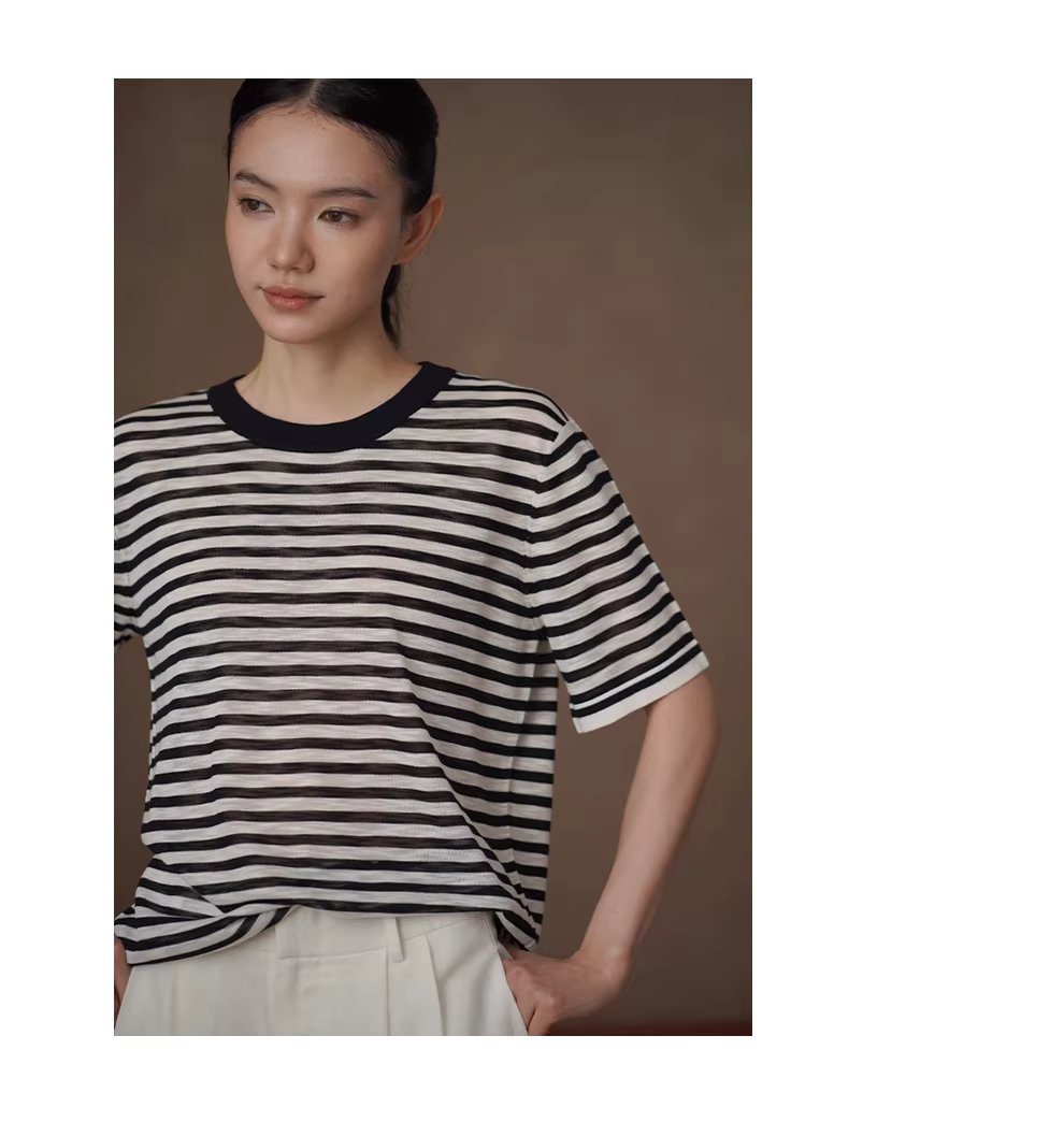 長期極簡主義條紋寬鬆短袖1/32支竹節麻輕薄針織上衣女,長期極簡主義條紋寬鬆短袖1/32支竹節麻輕薄針織上衣女,HBFS1094,長期極簡主義條紋寬鬆短袖1/32支竹節麻輕薄針織上衣女,清爽舒適,寬鬆百搭