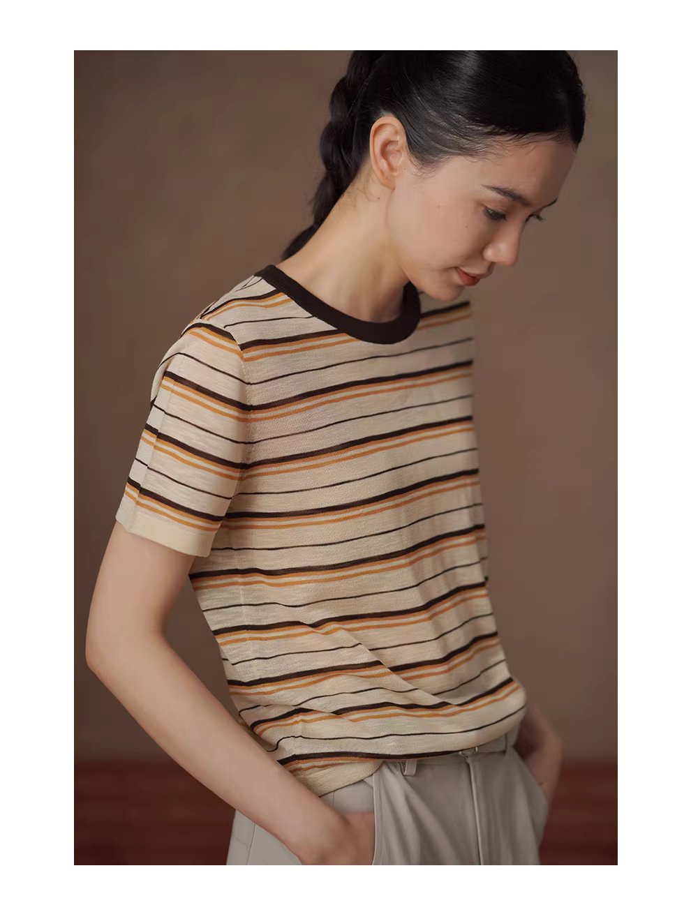 沙灘條紋超爽竹節麻紗線撞色圓領短袖寬鬆顯瘦針織上衣,沙灘條紋超爽竹節麻紗線撞色圓領短袖寬鬆顯瘦針織上衣,HBFS1095,沙灘條紋超爽竹節麻紗線撞色圓領短袖寬鬆顯瘦針織上衣,舒適清爽,撞色領口