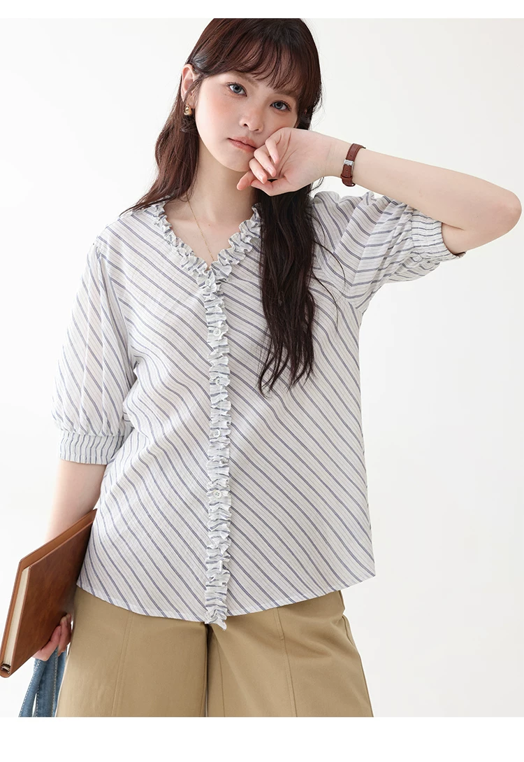 藍條紋v領木耳邊襯衫女夏季新款純棉五分袖上衣,藍條紋v領木耳邊襯衫女夏季新款純棉五分袖上衣,HBFS1098,藍條紋v領木耳邊襯衫女夏季新款純棉五分袖上衣,荷葉邊領,全棉面料