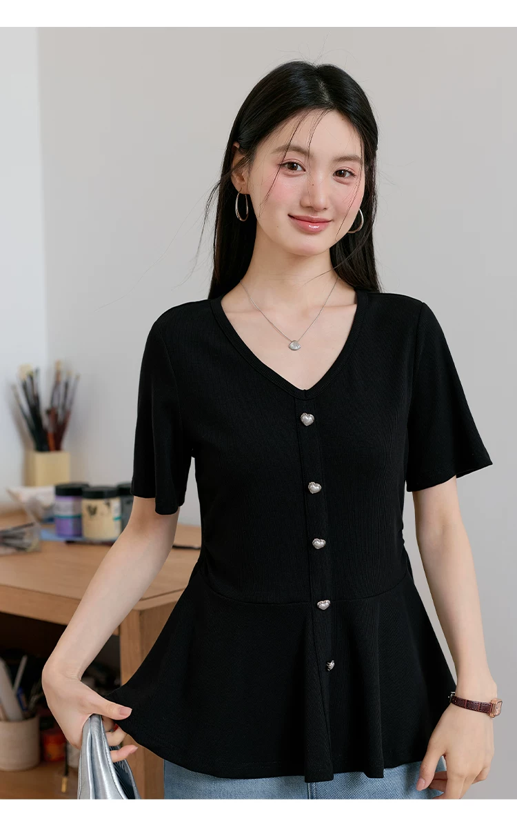大尺碼黑色V領短袖T恤女夏裝炸街別緻絕美小衫荷葉邊高腰上衣,大尺碼黑色V領短袖T恤女夏裝炸街別緻絕美小衫荷葉邊高腰上衣,HBFS1179,大尺碼黑色V領短袖T恤女夏裝炸街別緻絕美小衫荷葉邊高腰上衣,V領排扣,收腰顯瘦