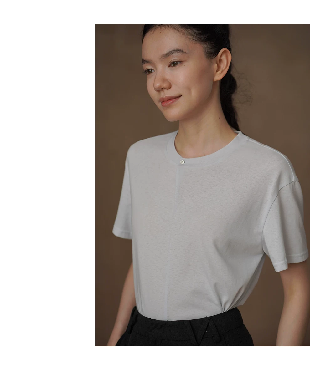 清透氣質藍上衣圓領斜門襟設計寬鬆顯瘦短袖亞麻棉T恤女,清透氣質藍上衣圓領斜門襟設計寬鬆顯瘦短袖亞麻棉T恤女,HBFS1211,清透氣質藍上衣圓領斜門襟設計寬鬆顯瘦短袖亞麻棉T恤女,單釦點綴,寬鬆落肩