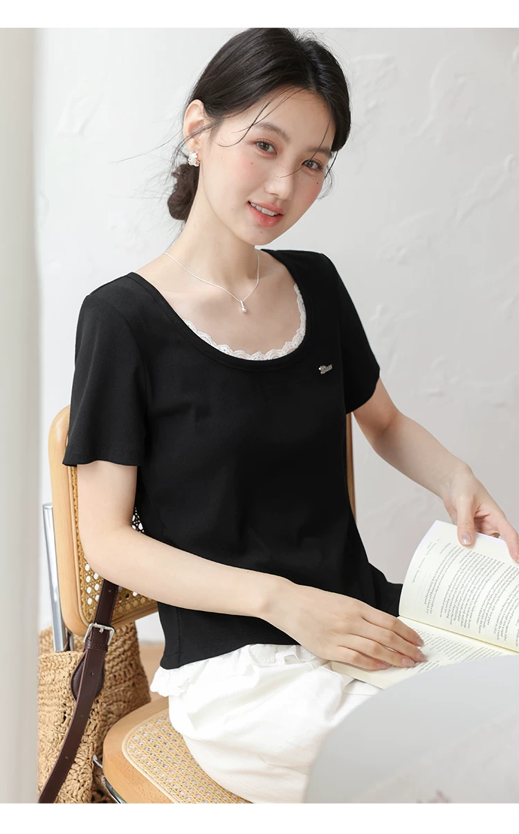 大尺碼女裝黑色短袖T恤女夏2026新款顯瘦拼接蕾絲花邊u領上衣,大尺碼女裝黑色短袖T恤女夏2026新款顯瘦拼接蕾絲花邊u領上衣,HBFS1296,大尺碼女裝黑色短袖T恤女夏2026新款顯瘦拼接蕾絲花邊u領上衣,中大尺碼,蕾絲拼接