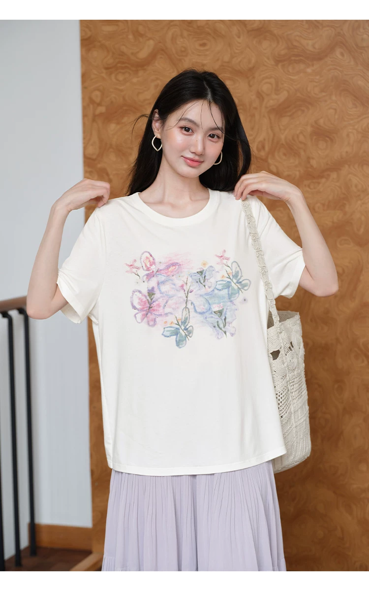 大尺寸胖mm夏裝蝴蝶印花白色短袖T恤女2026新款寬鬆正肩上衣,大尺寸胖mm夏裝蝴蝶印花白色短袖T恤女2026新款寬鬆正肩上衣,HBFS1315,大尺寸胖mm夏裝蝴蝶印花白色短袖T恤女2026新款寬鬆正肩上衣,中大尺碼,文青印花