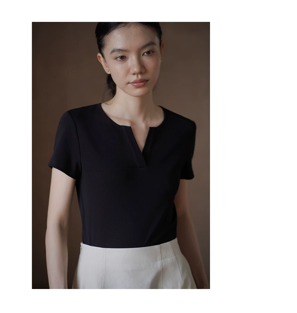彈性緊緻高支棉簡約圓V領正肩基礎款顯瘦短袖通勤T恤女,彈性緊緻高支棉簡約圓V領正肩基礎款顯瘦短袖通勤T恤女,HBFS1372,彈性緊緻高支棉簡約圓V領正肩基礎款顯瘦短袖通勤T恤女,彈性合身,開岔V領