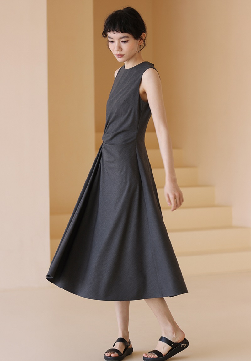 氣質女主高腰線扭結通勤瘦身遮肉連身裙洋裝,長洋裝,洋裝,無袖,輕甜,高雅