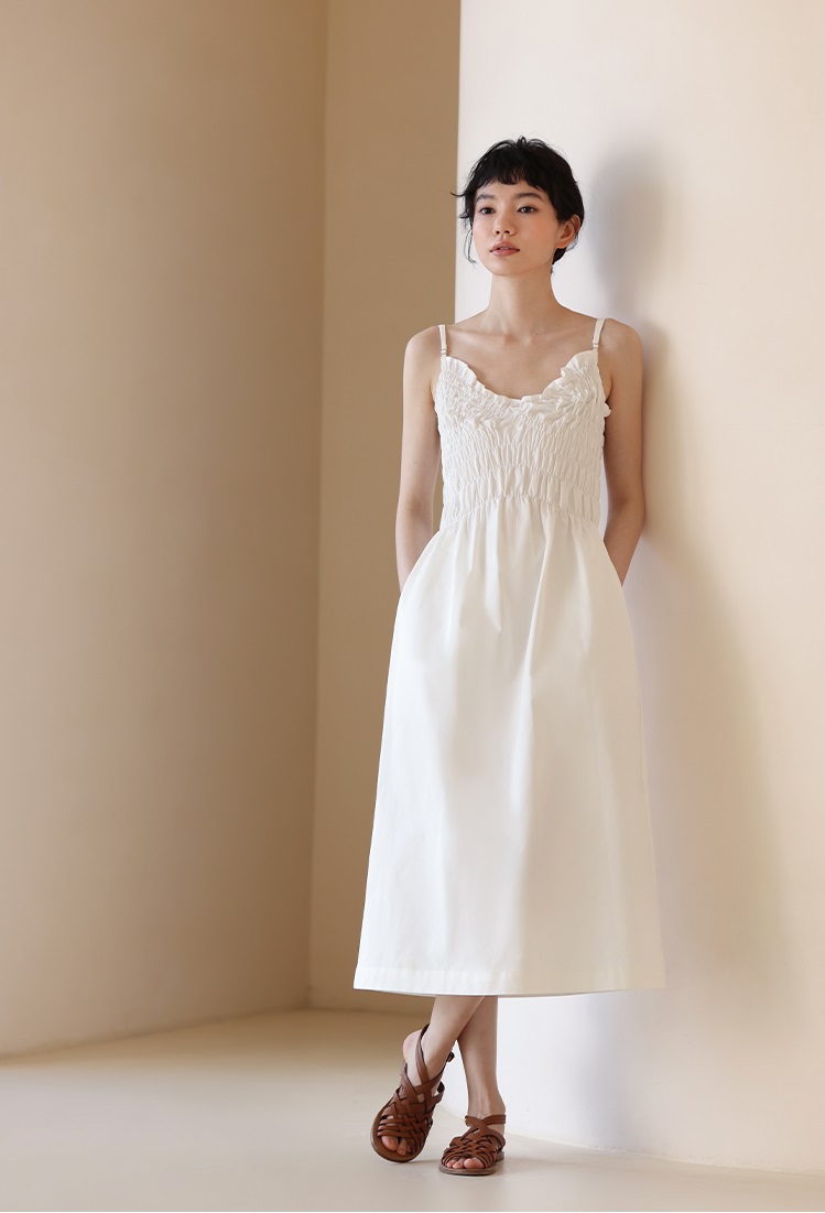 少女心事減齡重工打攬設計內搭吊帶百搭連身裙洋裝,長洋裝,輕奢,百搭,白色,法式甜美