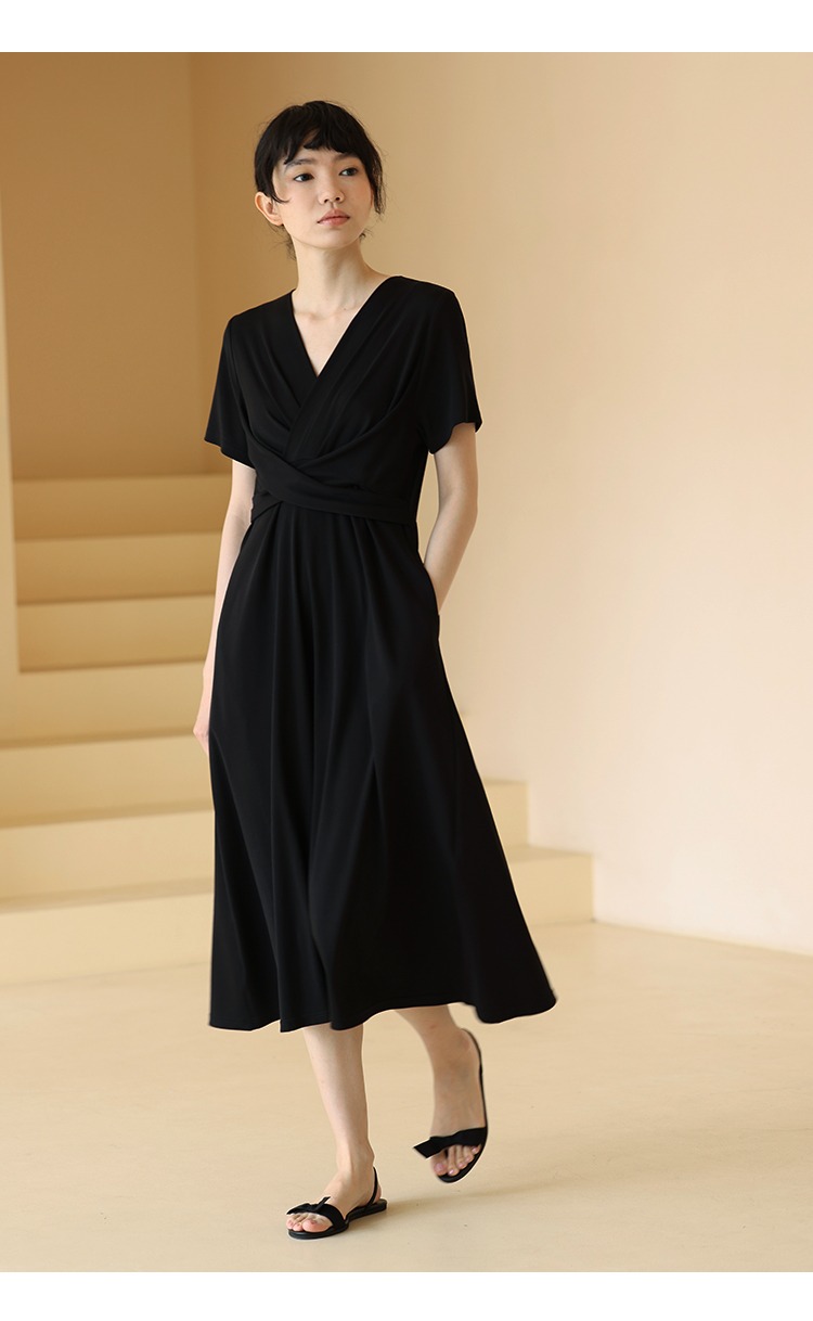 巴黎神女纏繞式彈力收腰好比例顯瘦V領連身裙洋裝,性感,時尚,清新,浪漫,洋裝