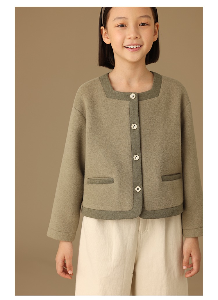 秋季新品法式高級感小香風撞色方領女童短款毛呢外套