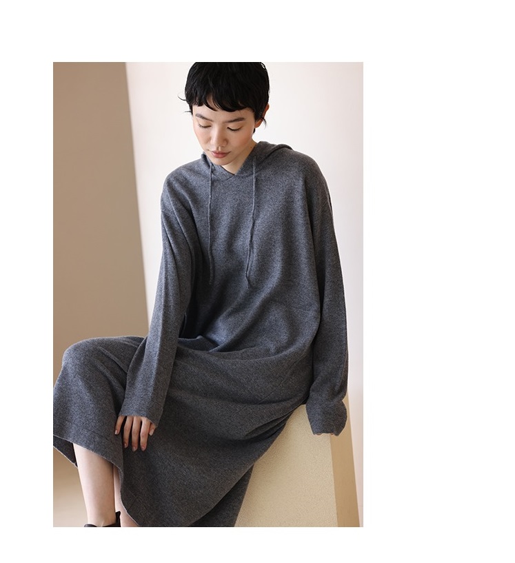 進口超細100%美利奴羊毛連帽寬鬆針織連身裙洋裝