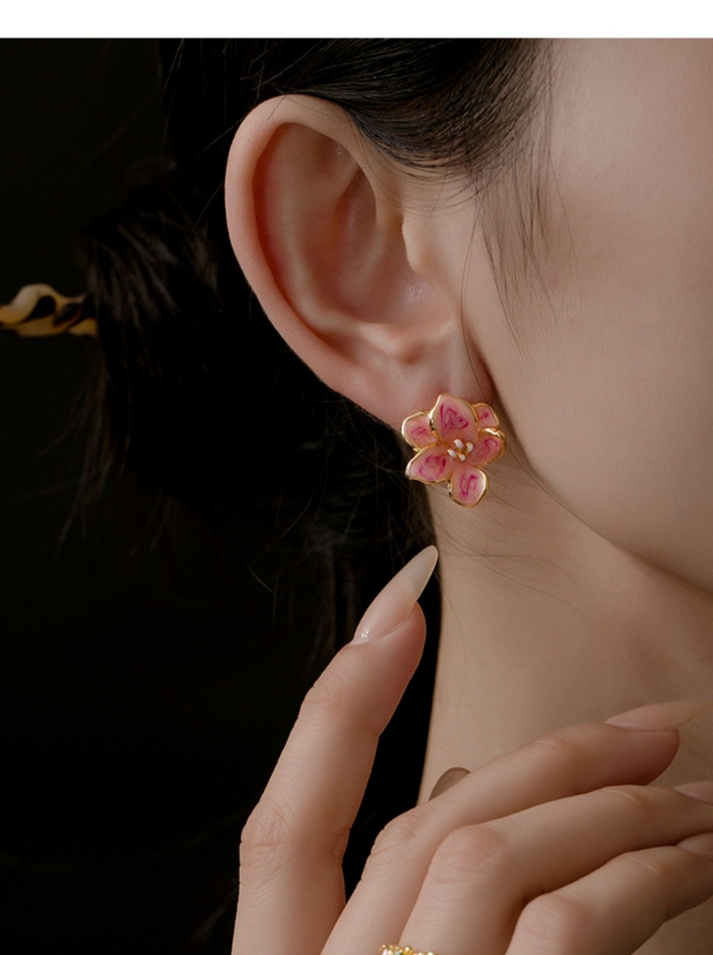 甜美超仙粉色桃花耳環女小眾高級感滴釉花瓣設計溫柔氣質耳環耳飾