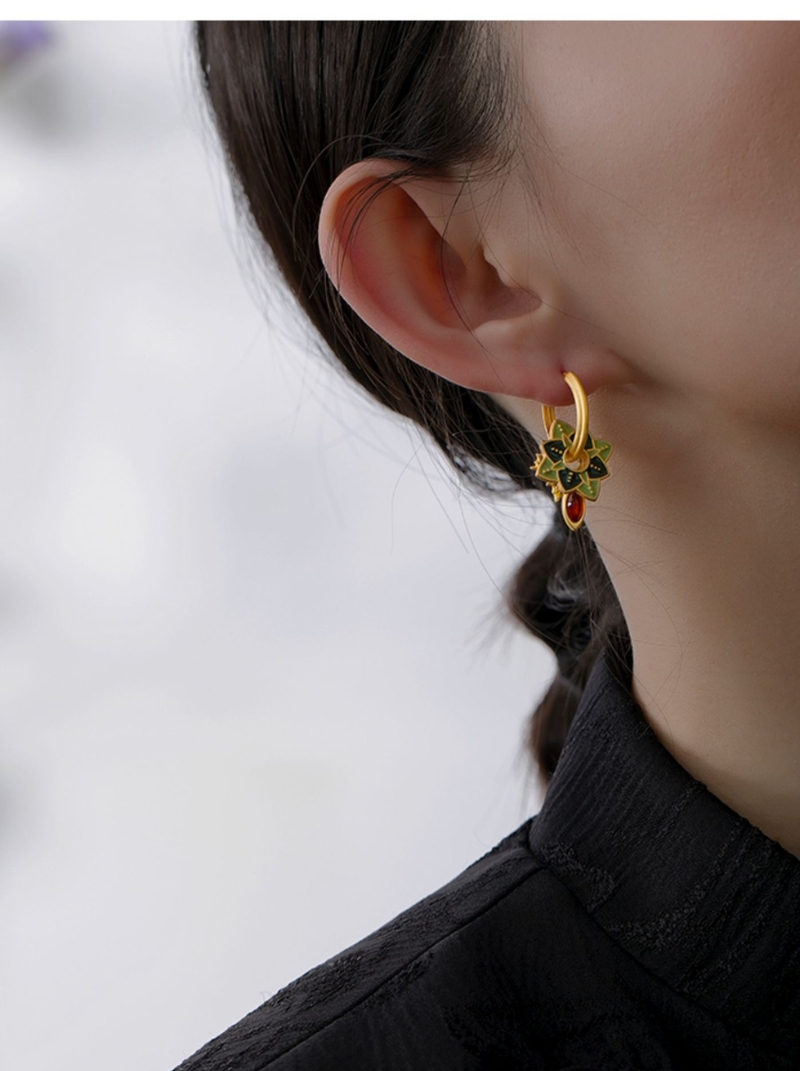 新品中式琺瑯滴釉幾何耳環女小眾高級感設計一款多戴耳飾