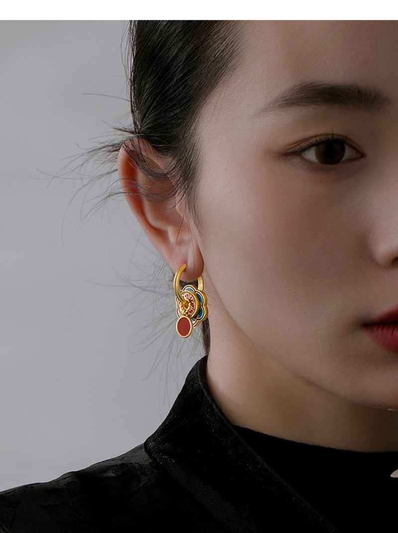 中式復古宮廷印花設計耳環女春夏新品小眾滴釉耳圈耳飾