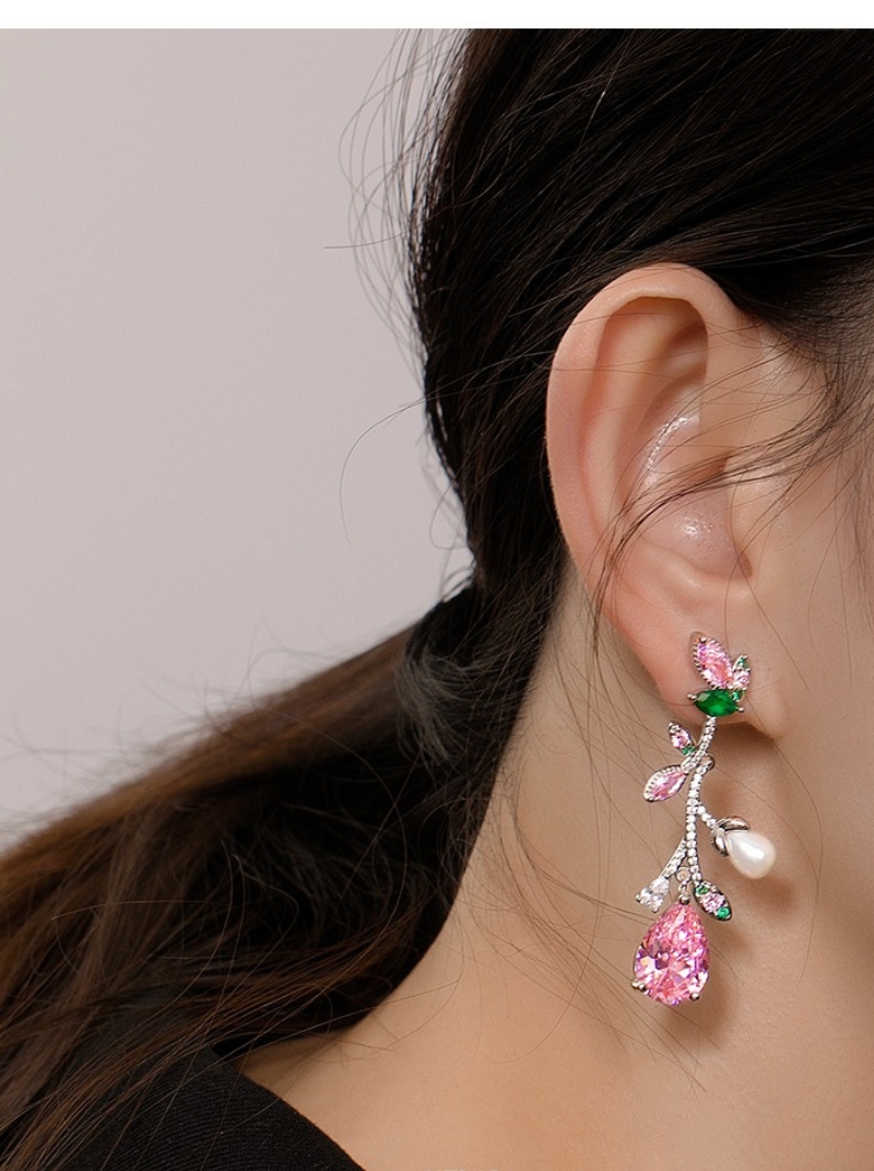 粉紅色水晶鋯石珍珠耳環女高級大氣流蘇設計輕奢春夏新品耳環