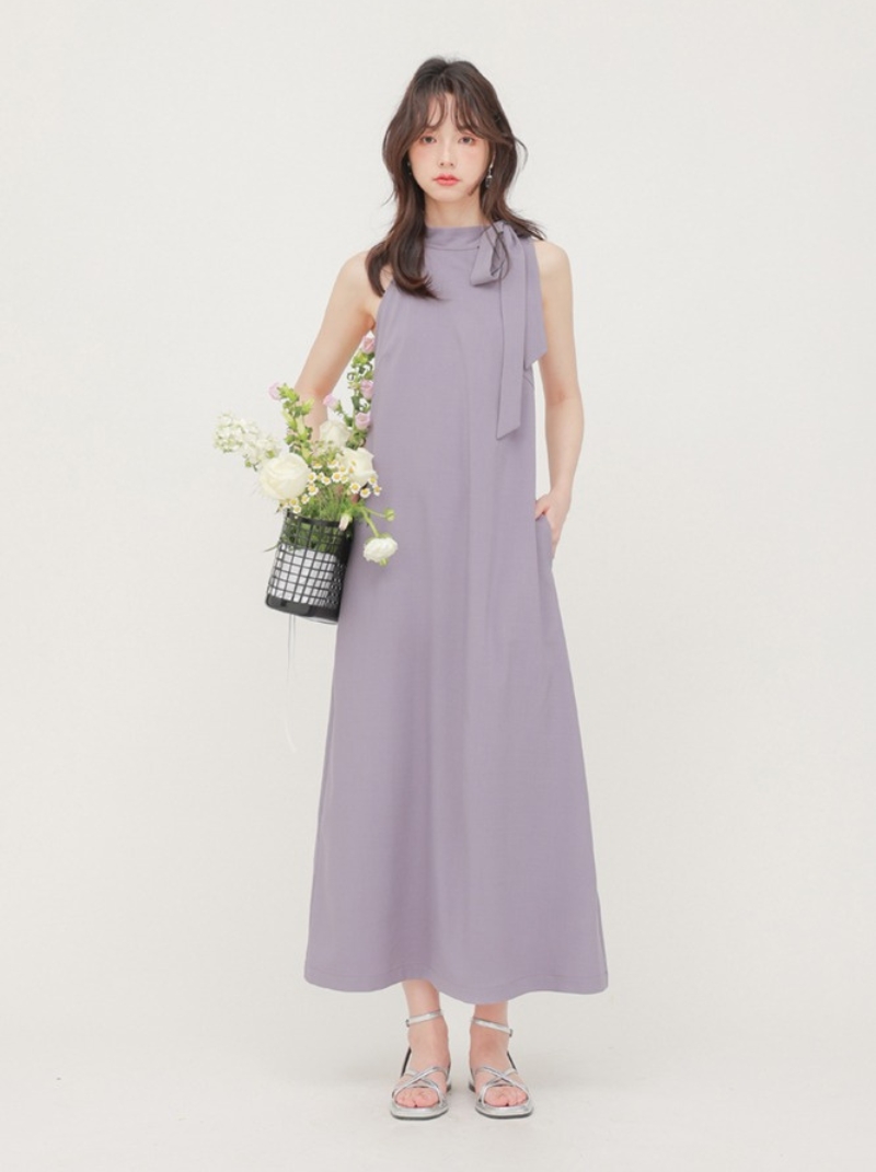 法式極簡風無袖掛脖背心裙女夏季遮肚子顯瘦紫色連身裙洋裝