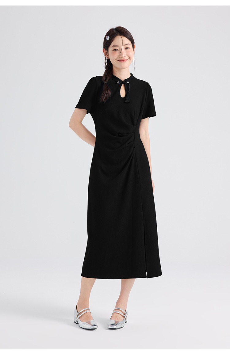 大尺碼新品中式女裝連身裙改良盤扣胖mm黑色裙子高級感洋裝