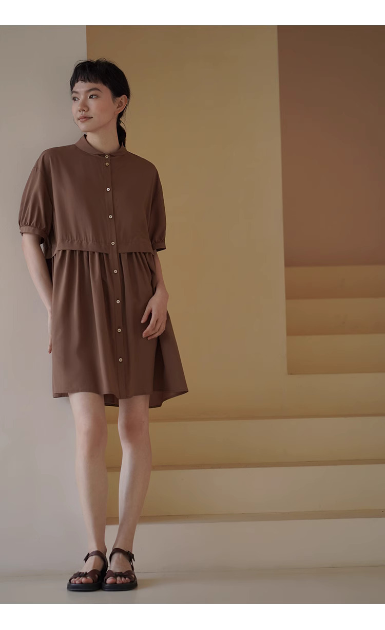 復古烤肉桂洋裝精緻小翻領寬鬆垂順顯瘦A字短裙女