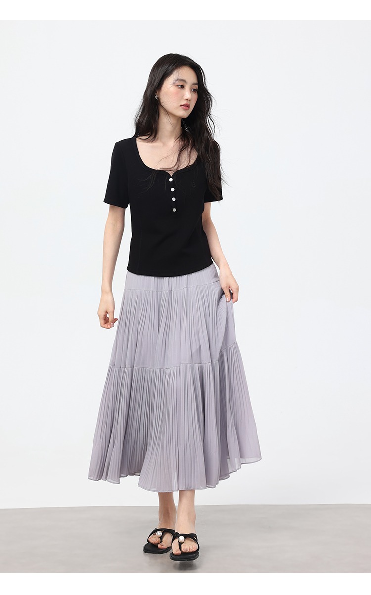 大尺碼高腰紫色半身裙女夏寬鬆雪紡裙氣質百褶裙長款