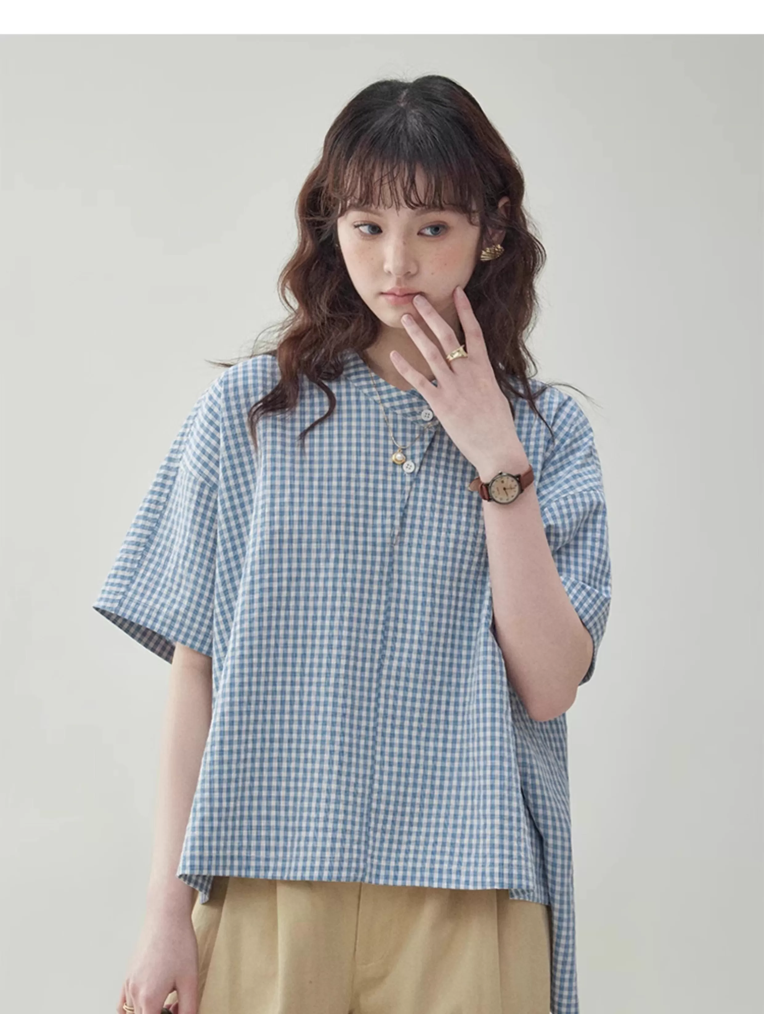 藍格紋不規則蝙蝠袖襯衫女夏季新款寬鬆套頭上衣